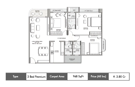 Multistar Autograph Residency 3 BHK floor plan, 968 sq ft carpet area