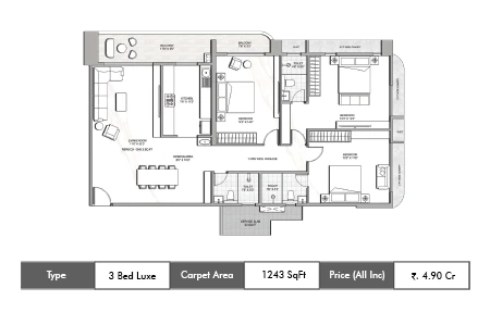 Multistar Autograph Residency 3 BHK floor plan, 1243 sq ft carpet area